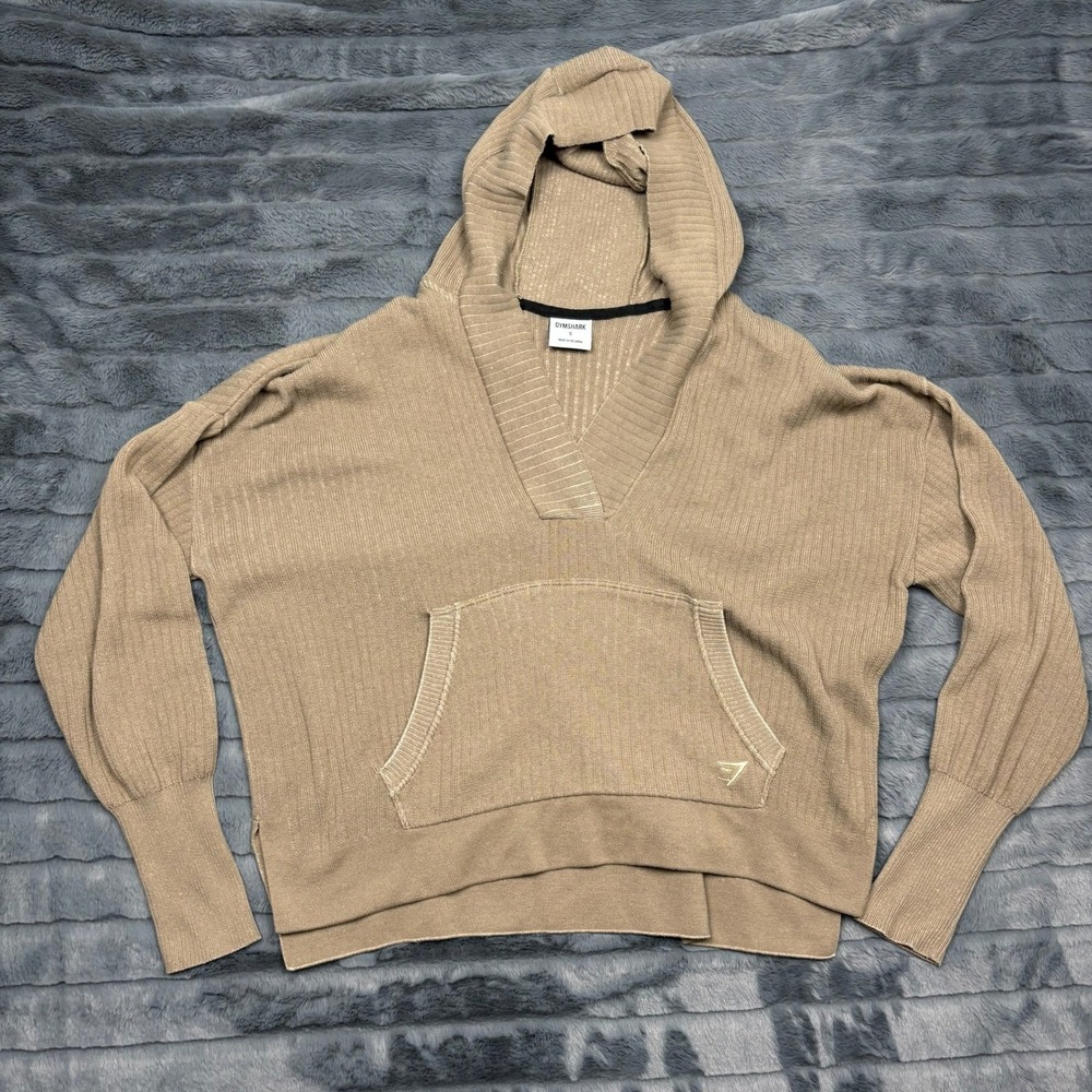 Gymshark Womens Ribbed Knit Hoodie Sweater Tan Taupe V-Neck Kangaroo Pocket S
